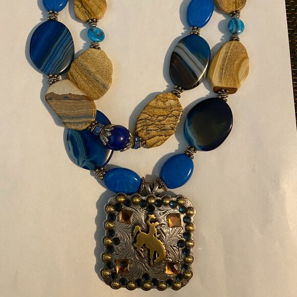 Western Necklace - Chunky Blue Agate & turquoise w/horse/cowboy pendant. Wow
